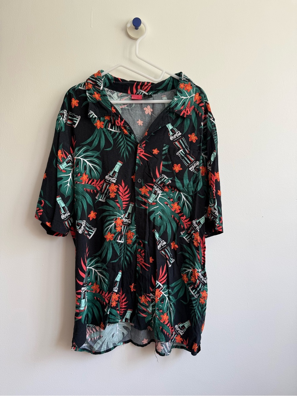 Men's Black Tropical Button-Down Shirt with Green & Orange Print